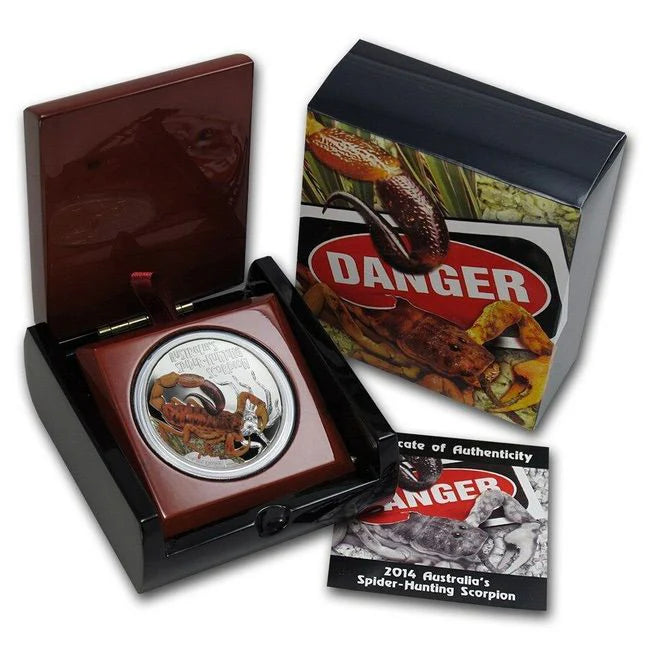 2014 1oz DANGER Spider Hunting Scorpion Coloured Coin Mintage: 5000