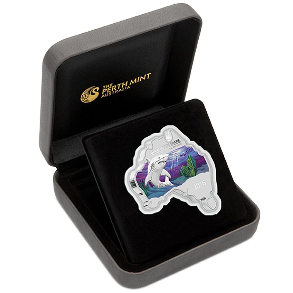 2016 1oz Silver Great-white Shark Map Shaped Coin - Mintage: 6,000