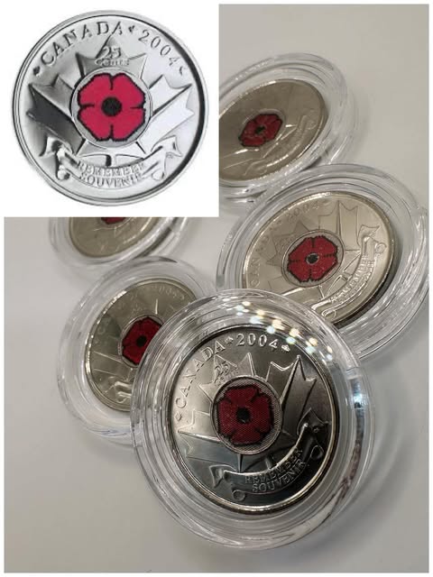 1x UNC 2004 25c Colorised Canadian Red Poppy - INTERNATIONAL Mintage: 28,972,000