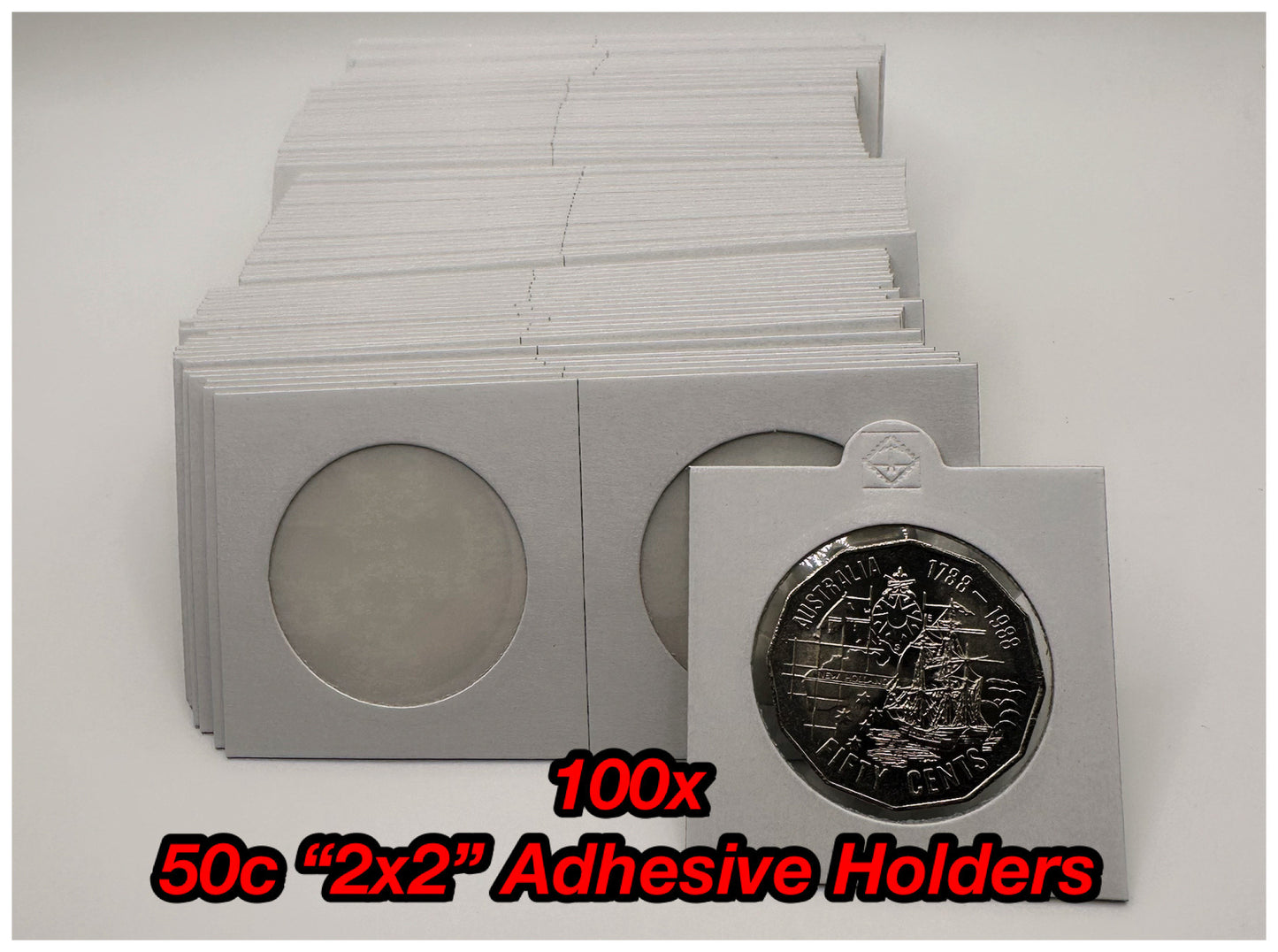 100x 50c "2x2" Adhesive Coin Holders (35mm)