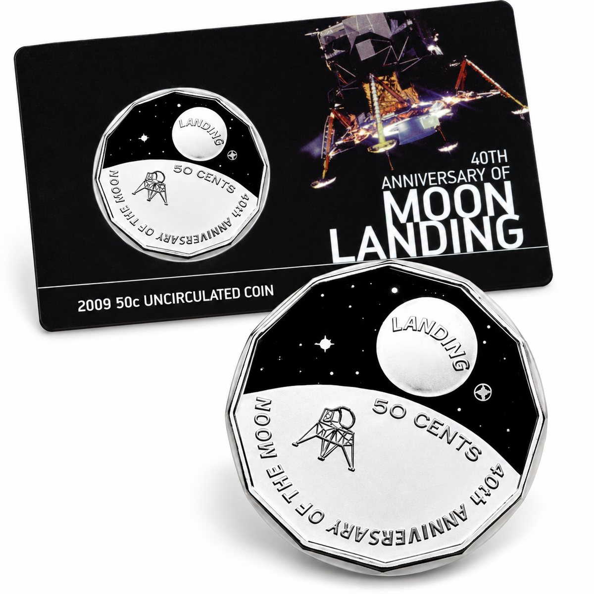 2009 50c Moon Landing Colorised Coin - Carded Mintage: 43,149