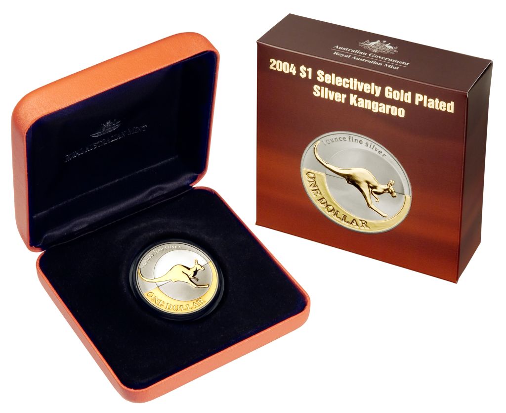 2004 1oz Gold Plated Silver Kangaroo Coin - Mintage: 12,500
