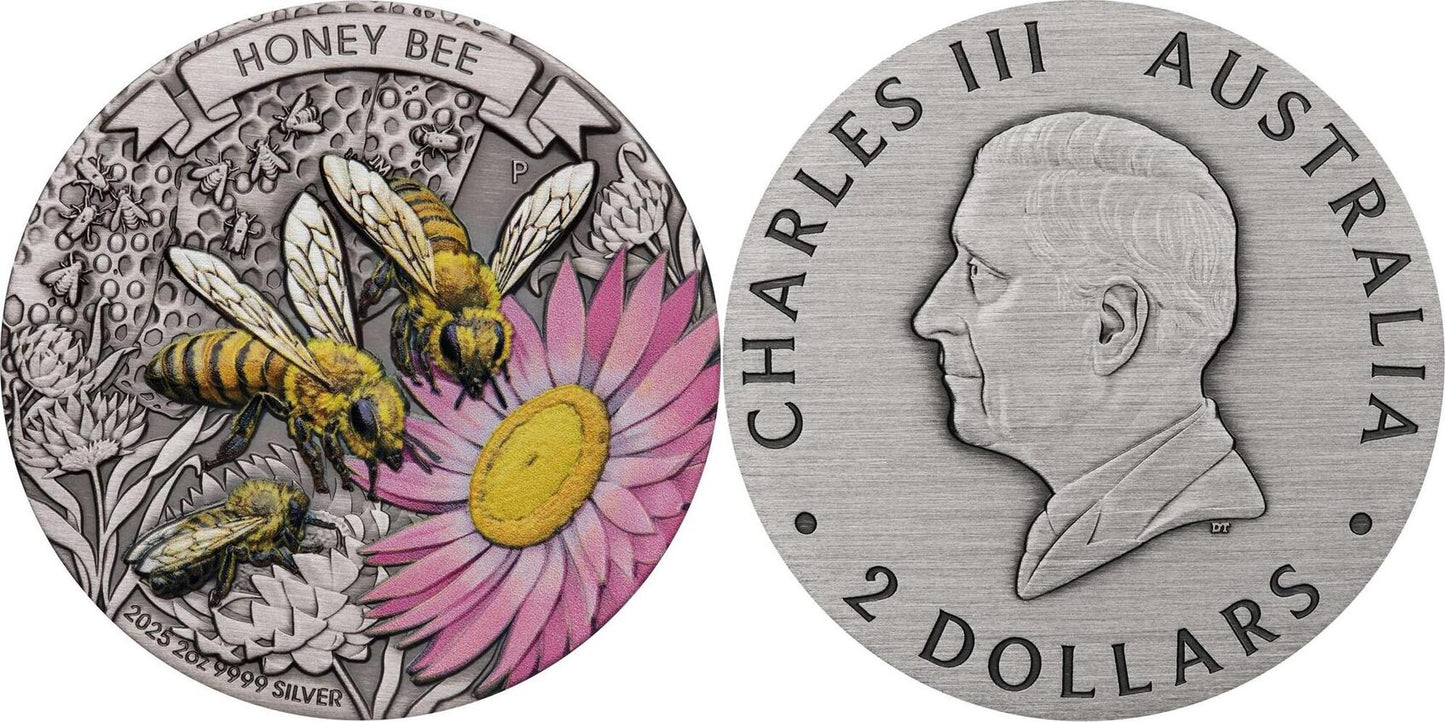 2025 2oz Silver Antiqued Honeybee Coloured Coin