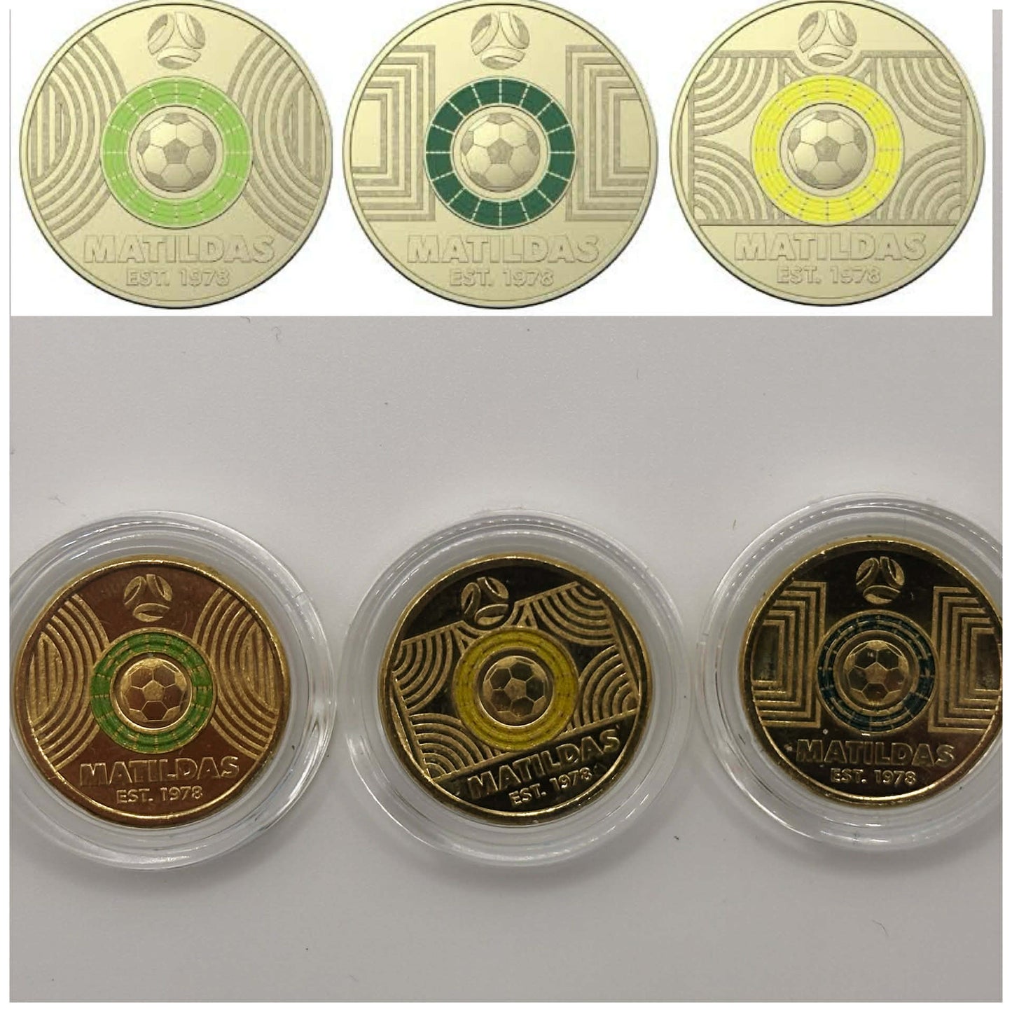 1x UNC Matildas Soccer $2 Coin Bundle (Dark Green, Green & Yellow) - In Lighthouse Capsules