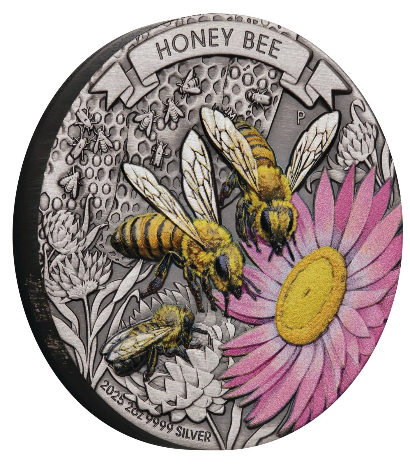 2025 2oz Silver Antiqued Honeybee Coloured Coin