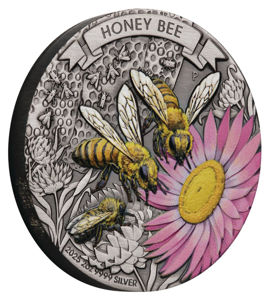 2025 2oz Silver Antiqued Honeybee Coloured Coin