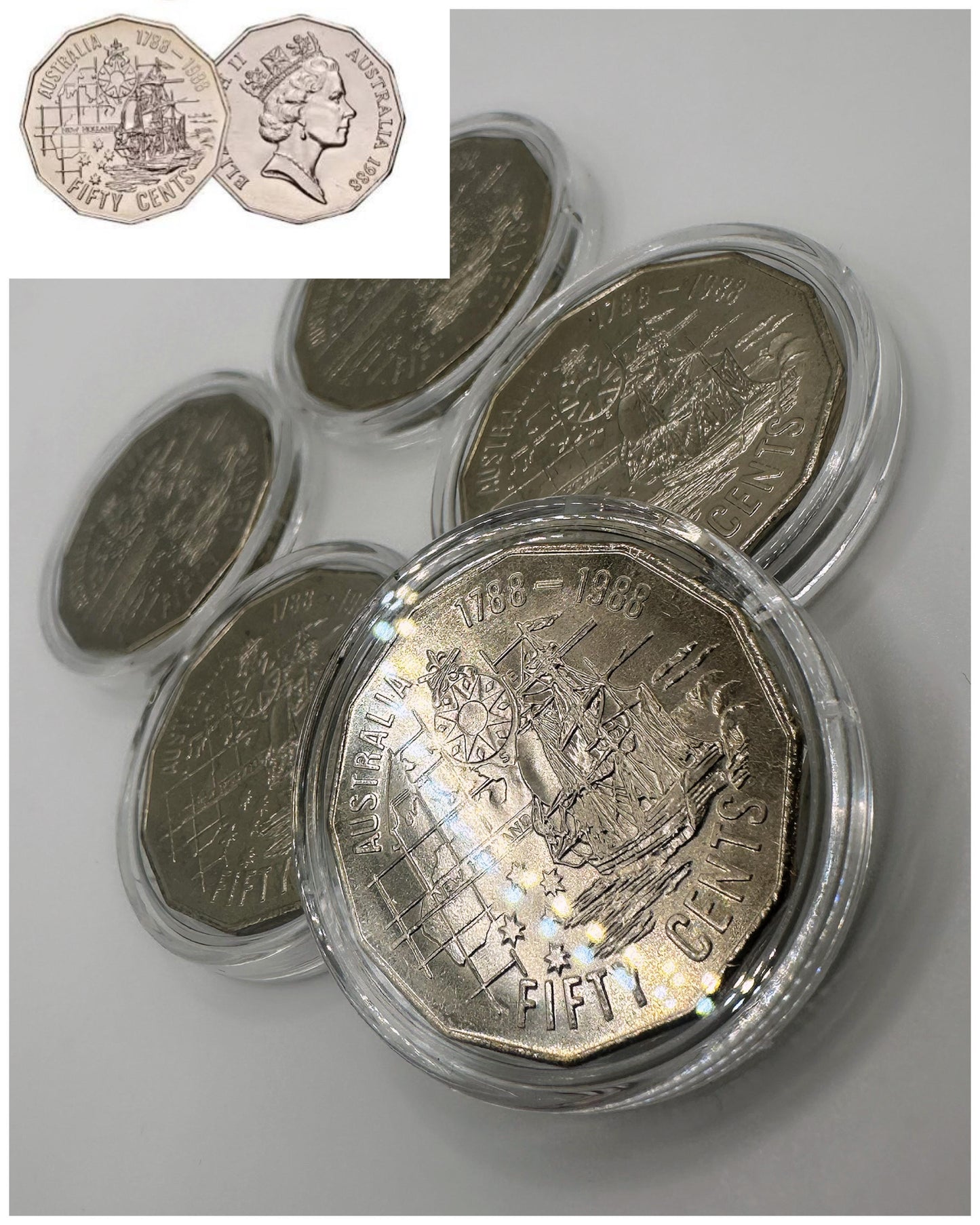 1x UNC 1988 Bicentennial (Tall Ships) 50c Coin - In Lighthouse Capsule