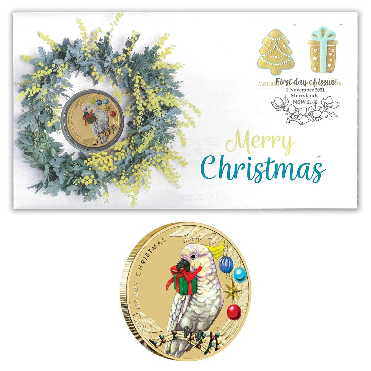 2021 $1 Merry Christmas Sulpher-Crested Cockatoo PNC - Mintage: 7500
