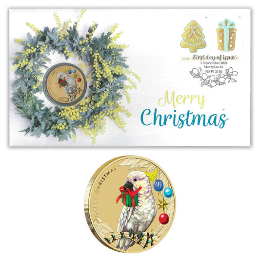2021 $1 Merry Christmas Sulpher-Crested Cockatoo PNC - Mintage: 7500