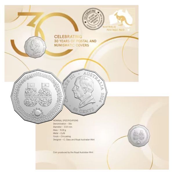 2024 50c 30 Years Of Postal & Numimatic Covers Mintage: 7,500