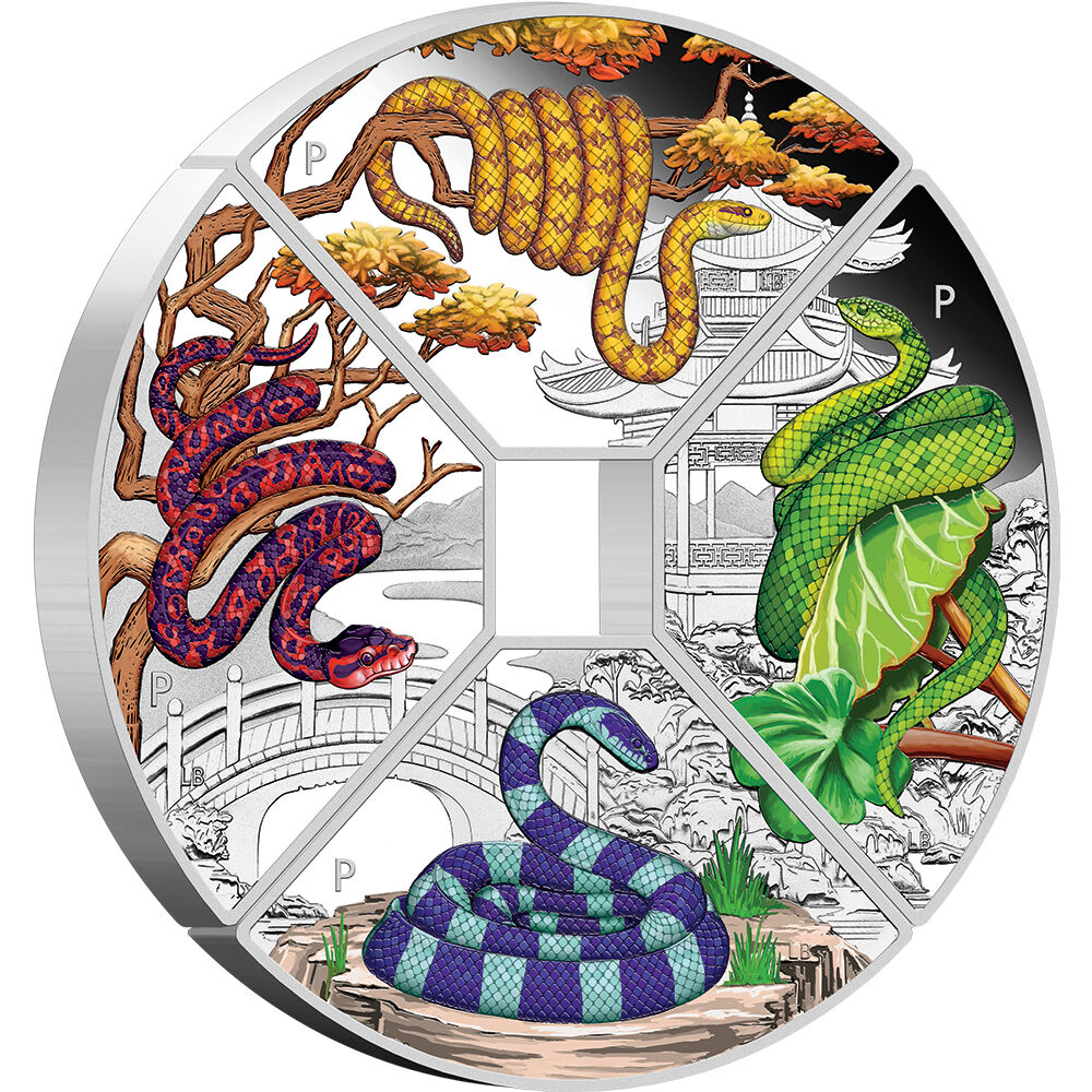 2025 4oz Year Of The Snake Quadrant Silver Proof Coloured Coin Mintage: 1500