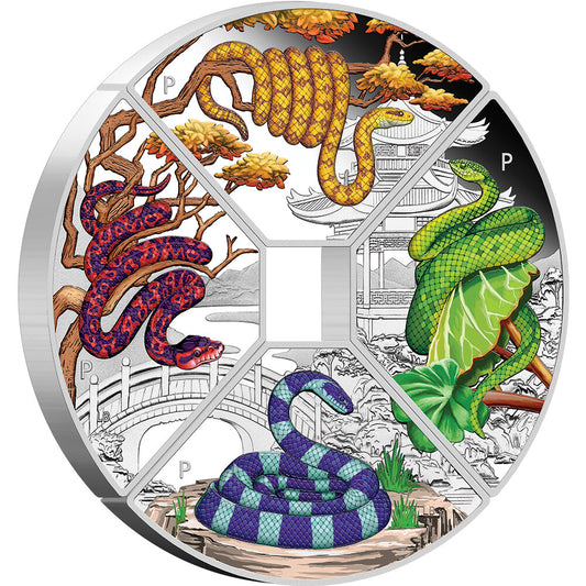 2025 4oz Year Of The Snake Quadrant Silver Proof Coloured Coin Mintage: 1500