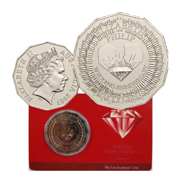 2007 50c Royal 60th Wedding Anniversary Coin - Carded Mintage: 60,030