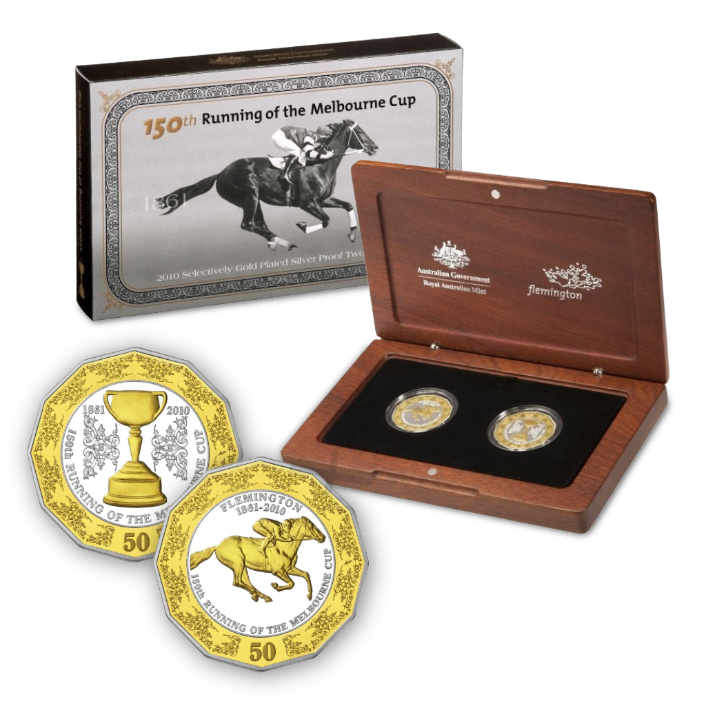 2010 1.28oz Gold Plated 50c Silver 150th Melbourne Cup Two Coin Set - Mintage: 5000