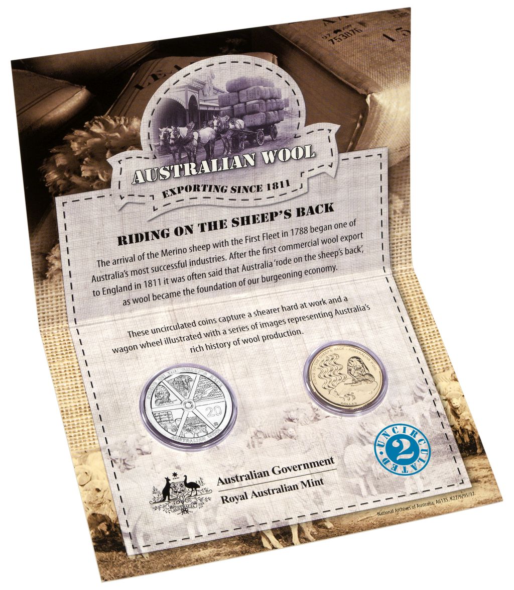 2011 $1 & 20c Australian Wool 2x Coin Carded Set - Mintage:  30,000
