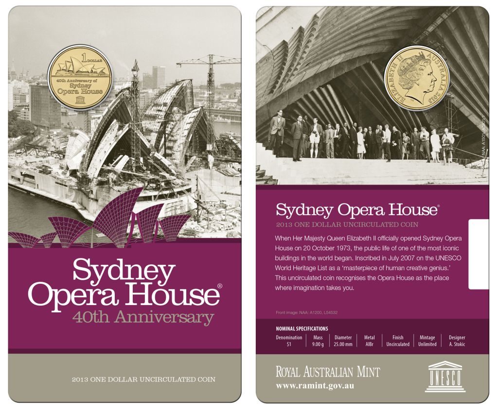 2013 $1 Sydney Opera House 40th Anniversary Carded Coin - Mintage: 15,000