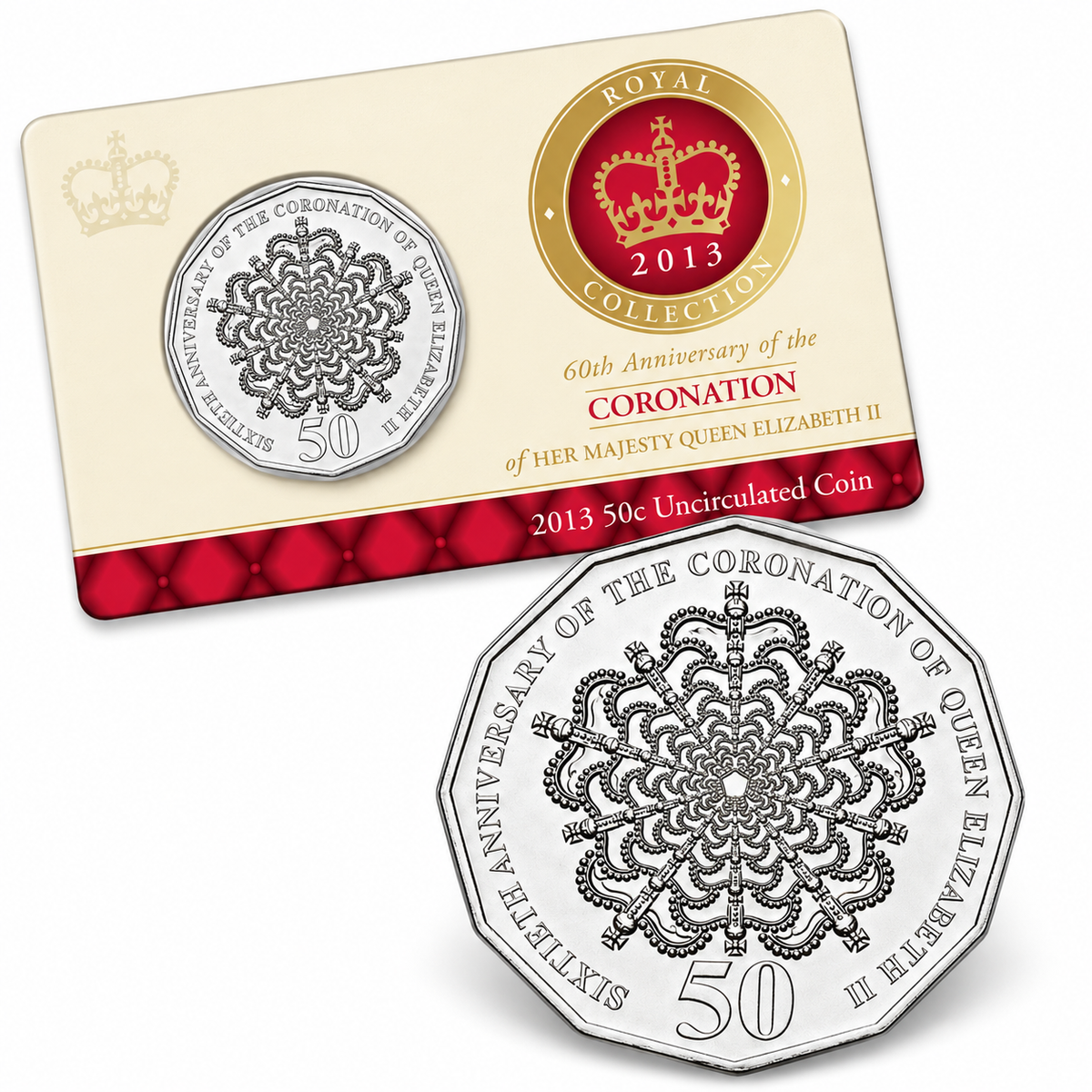 2013 50c 60th Anniversary Coronation Carded Coin - Mintage: 25,002