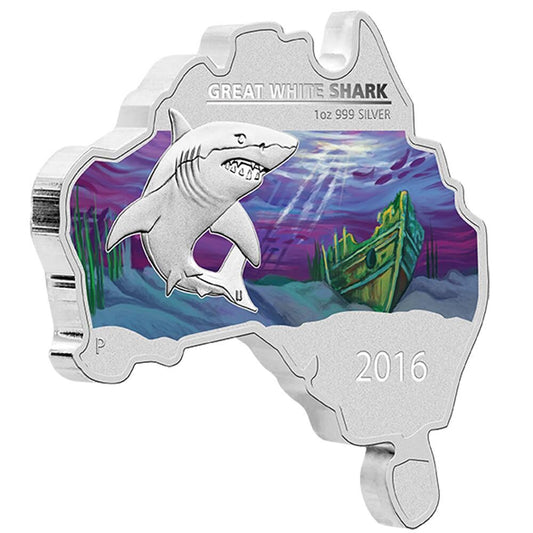 2016 1oz Silver Great-white Shark Map Shaped Coin - Mintage: 6,000