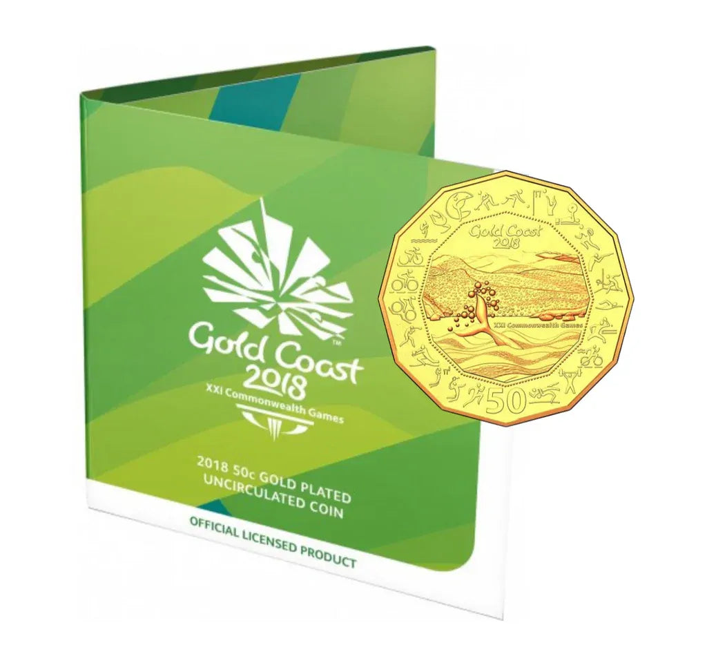 2018 50c Gold Plated Gold Coast Games Trifold Carded Coin - Mintage: 20,000
