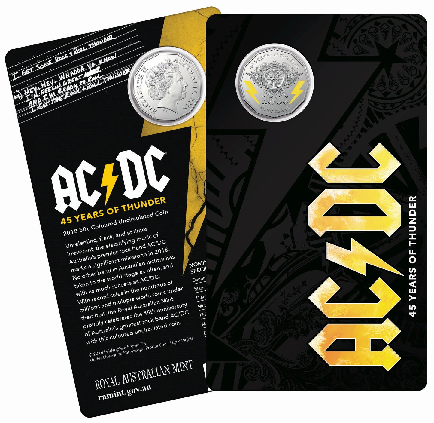 2018 50c 45 Years Of Thunder ACDC Carded Coin - Mintage: 30,000