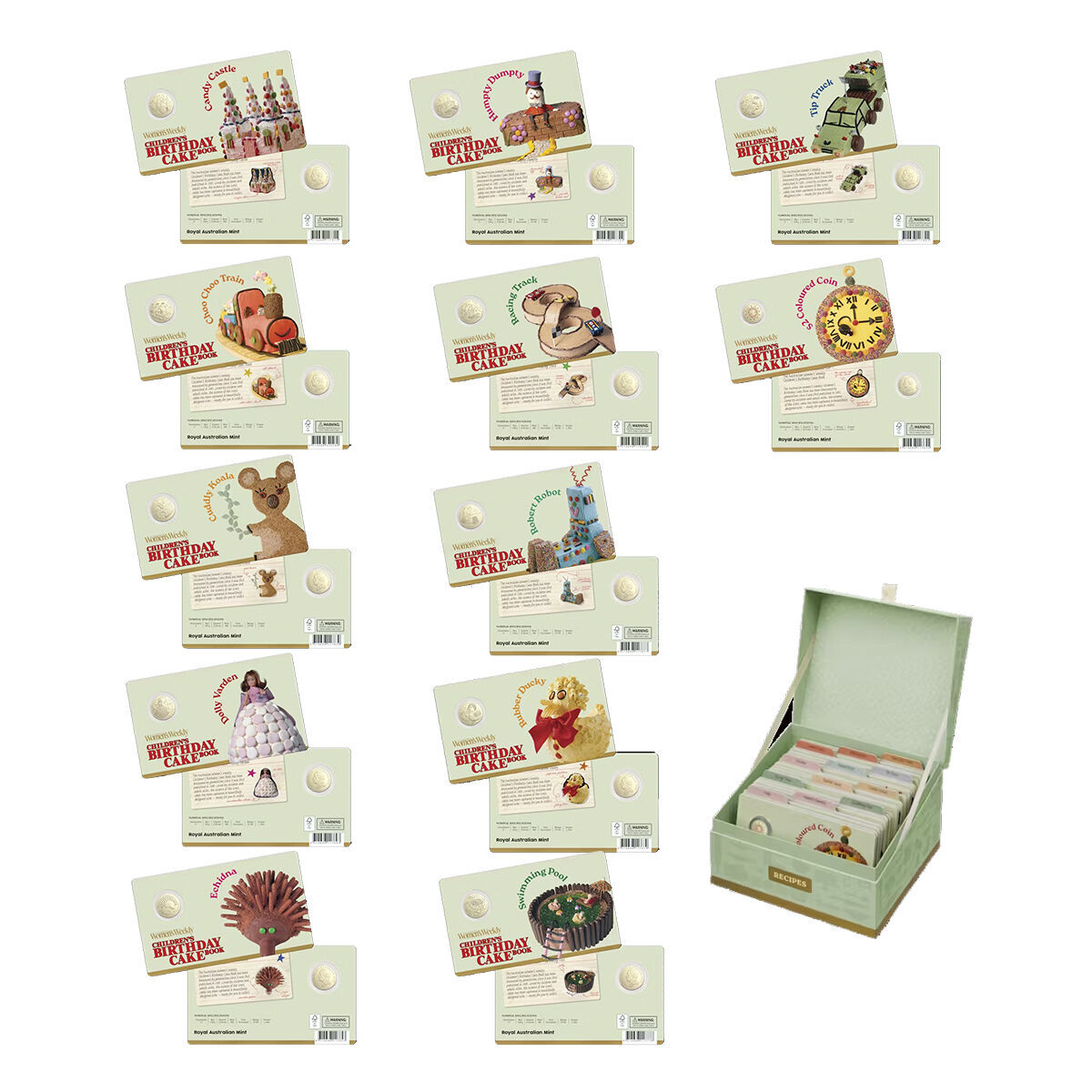 1x 2025 Women’s Weekly Premium 12-Coin Recipe Box Collection Including Choo-Choo & Carded Colored $2 Coin
