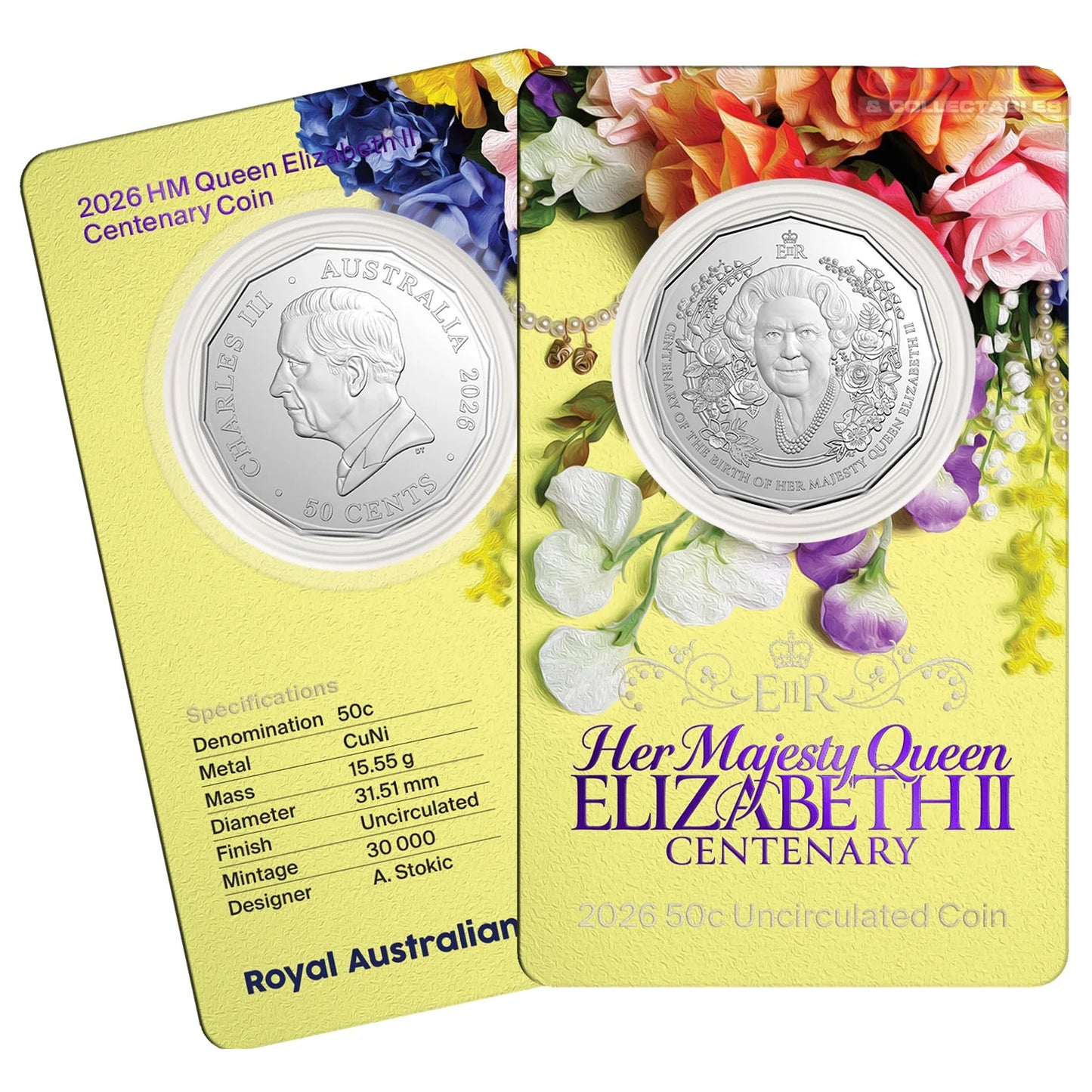 2026 50c Her Majesty Queen Elizabeth II Centenary 50c Carded Coin - Mintage: 30,000