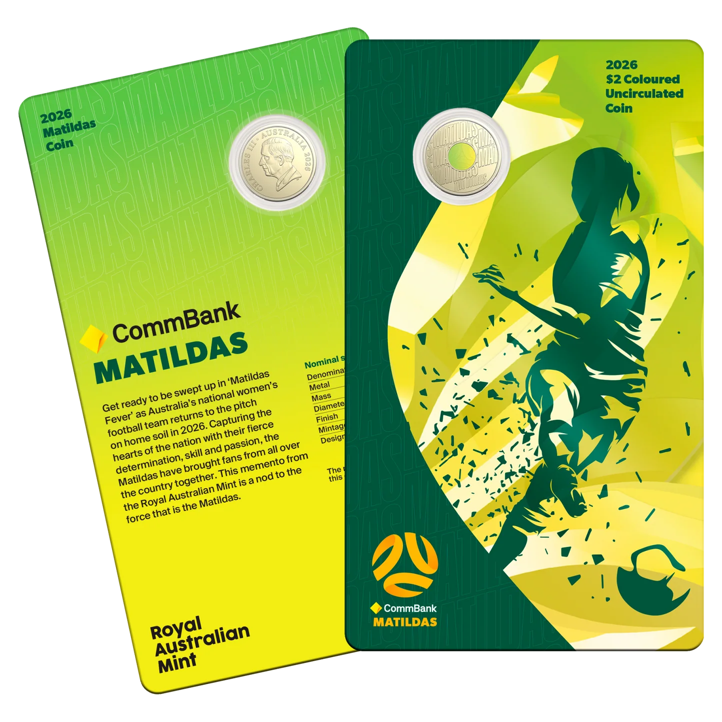 2026 $2 UNC Coloured Carded Matildas Coin