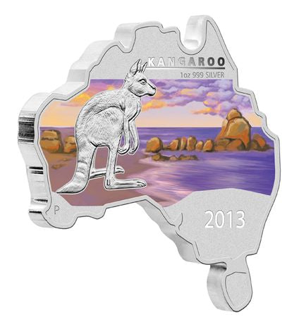 2013 1oz Silver Kangaroo Map Shaped Coin - Mintage: 6,000
