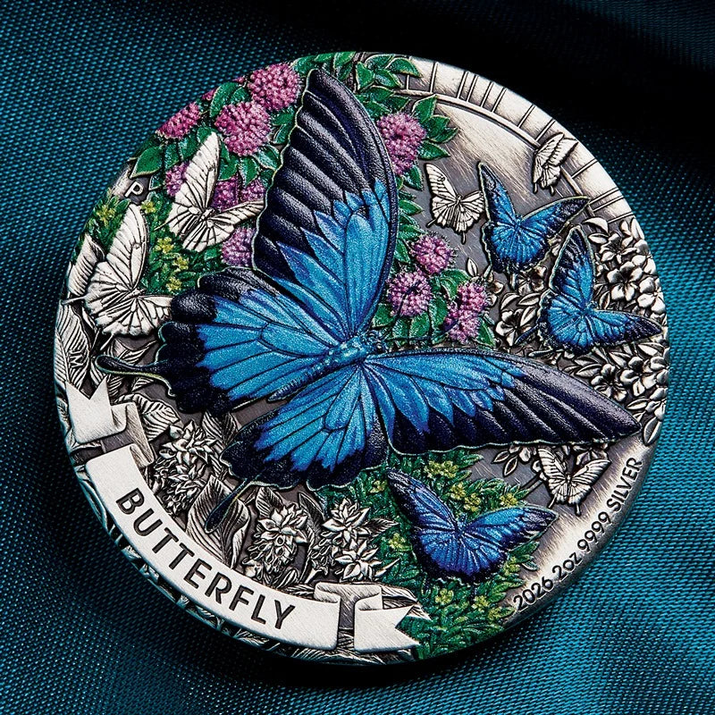 2026 2oz Antiqued Butterfly Coloured Silver Coin - Mintage: 2,000