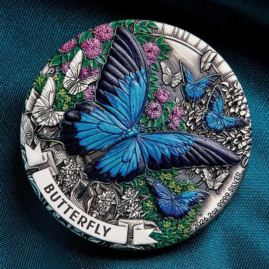 2026 2oz Antiqued Butterfly Coloured Silver Coin - Mintage: 2,000