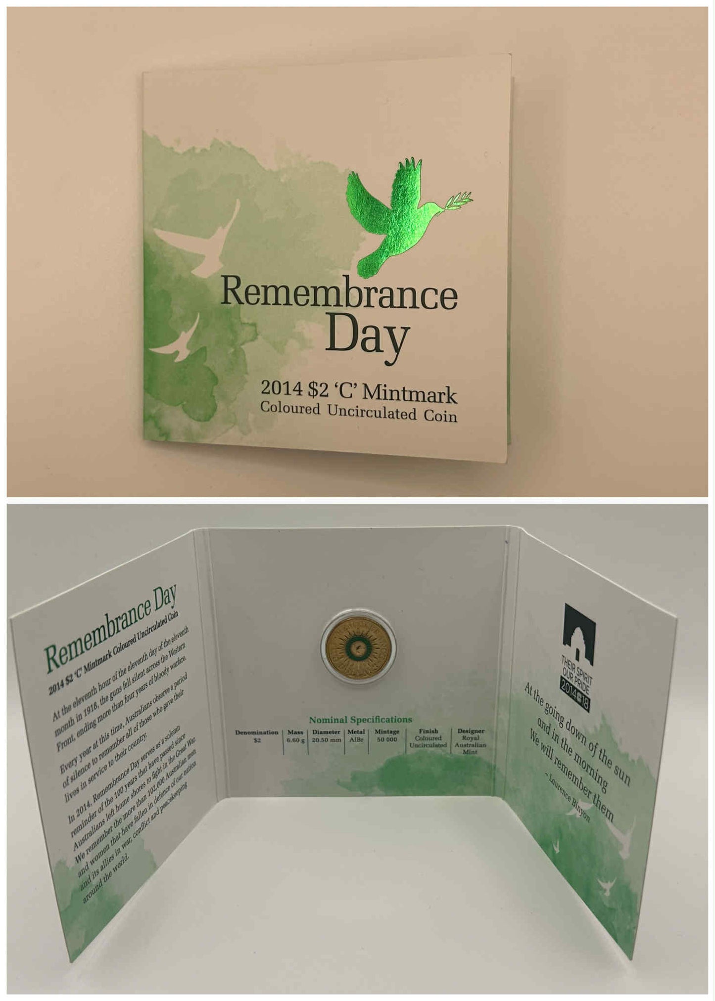 2014 $2 Remembrance Day 'C' Mintmark Green Dove Coin