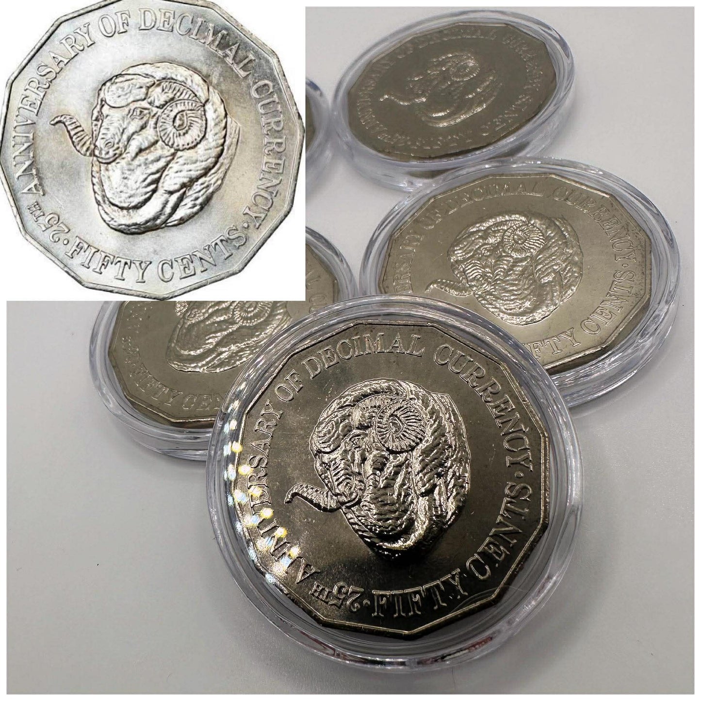 1x 50c UNC 1991 Ram's Head 25 Decimal Anniversary Coin - In Lighthouse Capsule