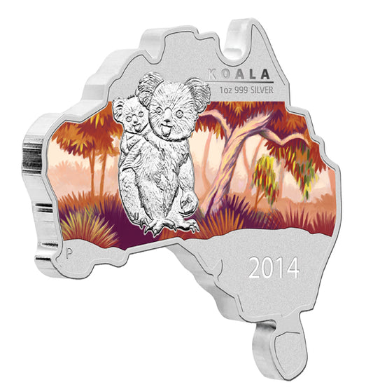 2014 1oz Silver Koala Map Shaped Coin - Mintage: 6,000