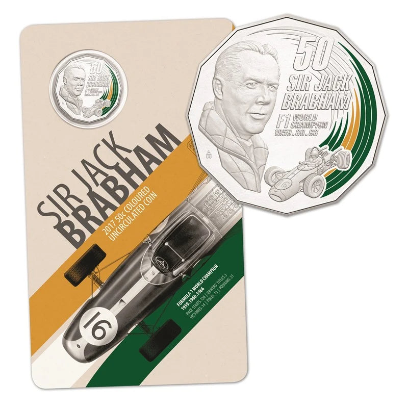 2017 50c Sir Jack Brabham Coloured Carded Coin - Mintage: 15,230