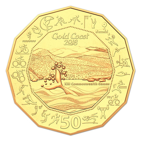 2018 50c Gold Plated Gold Coast Games Trifold Carded Coin - Mintage: 20,000
