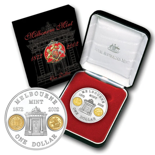 2002 1oz Silver 0.25g Gold 130 Years Anniversary Melbourne Mint Coin - Mintage:  13,329