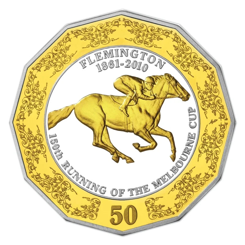 2010 1.28oz Gold Plated 50c Silver 150th Melbourne Cup Two Coin Set - Mintage: 5000