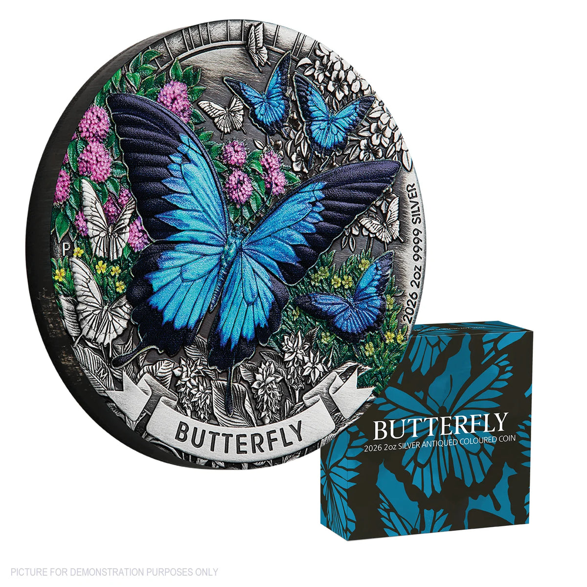 2026 2oz Antiqued Butterfly Coloured Silver Coin - Mintage: 2,000