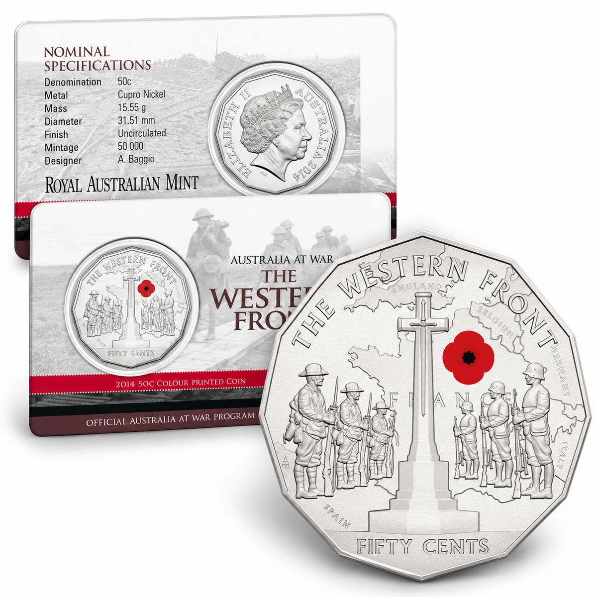2014 50c Red Poppy Western Front Coin - Mintage: 32,654