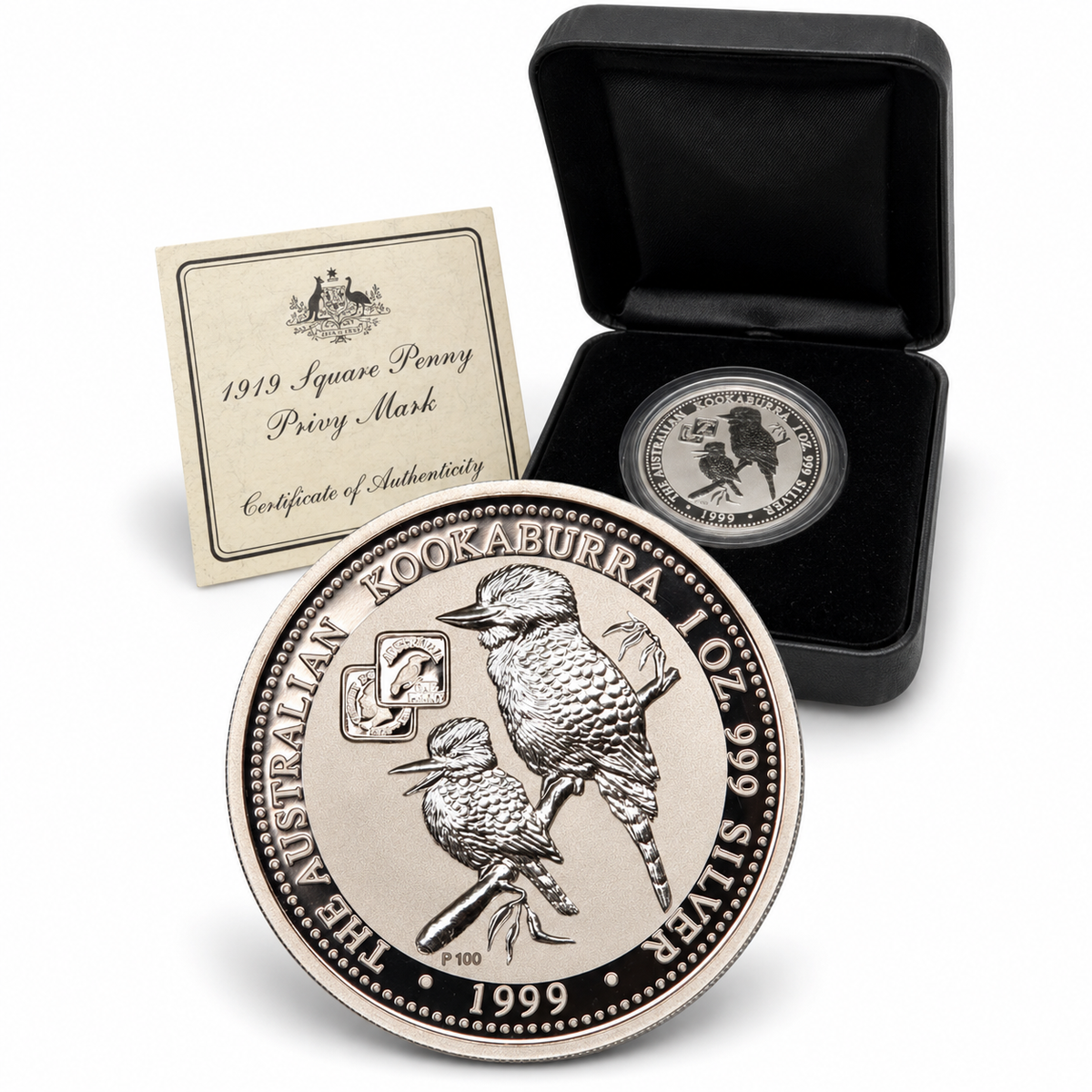1999 1oz Silver Square Penny Privy Mark Kookaburra - Mintage: 4,000