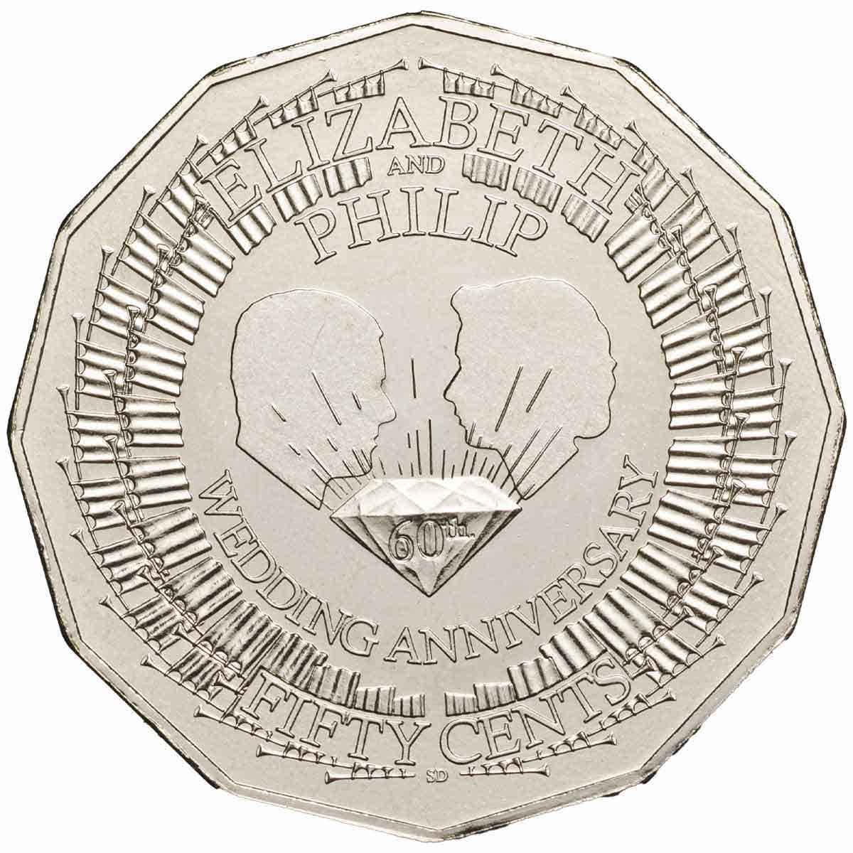 2007 50c Royal 60th Wedding Anniversary Coin - Carded Mintage: 60,030