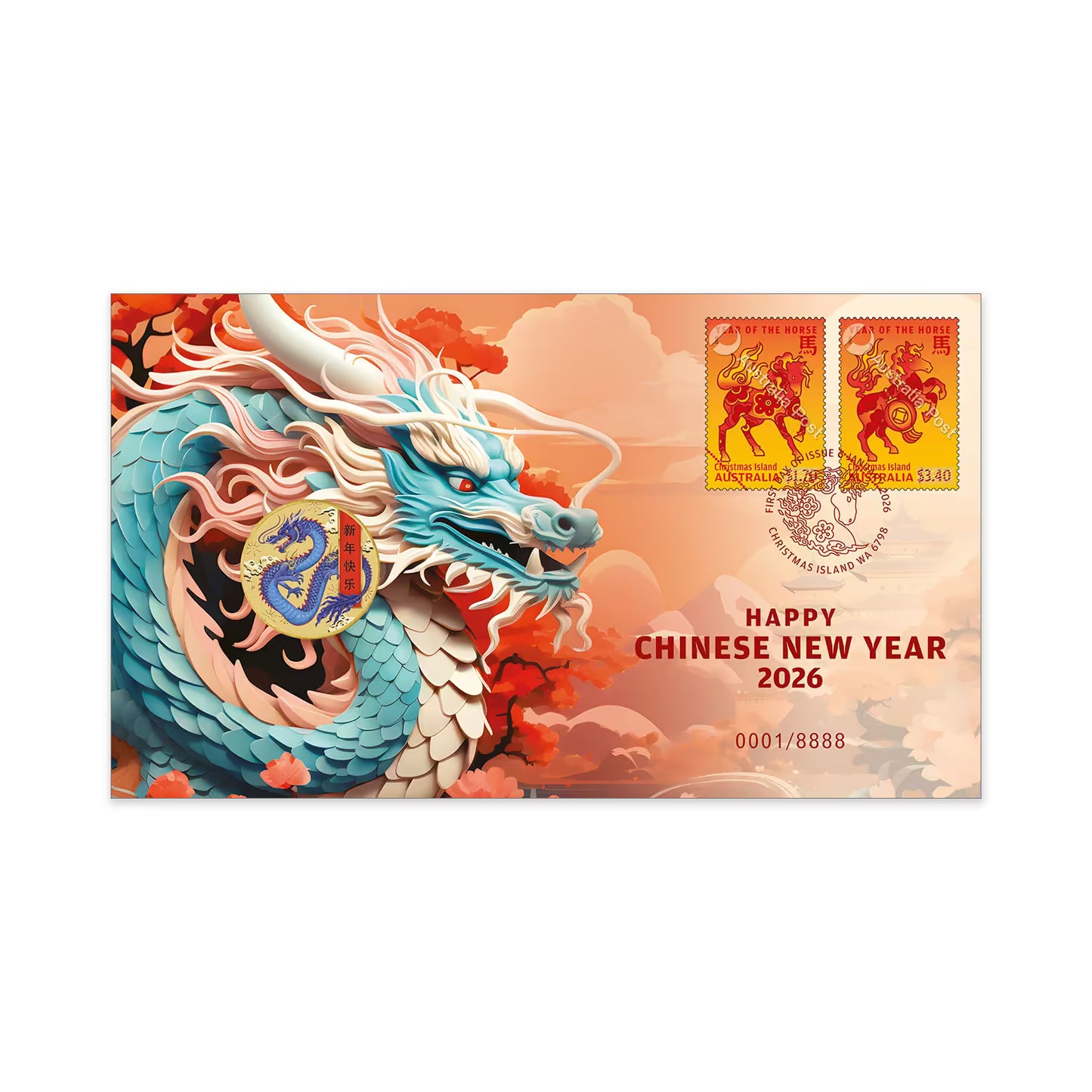 2026 $1 Chinese New Year Colourised Dragon PNC - Mintage: 8888