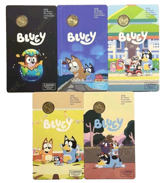 2026 5x Bluey 'Privy Mark' $2 Carded Coin Set - Mintage: 20,500