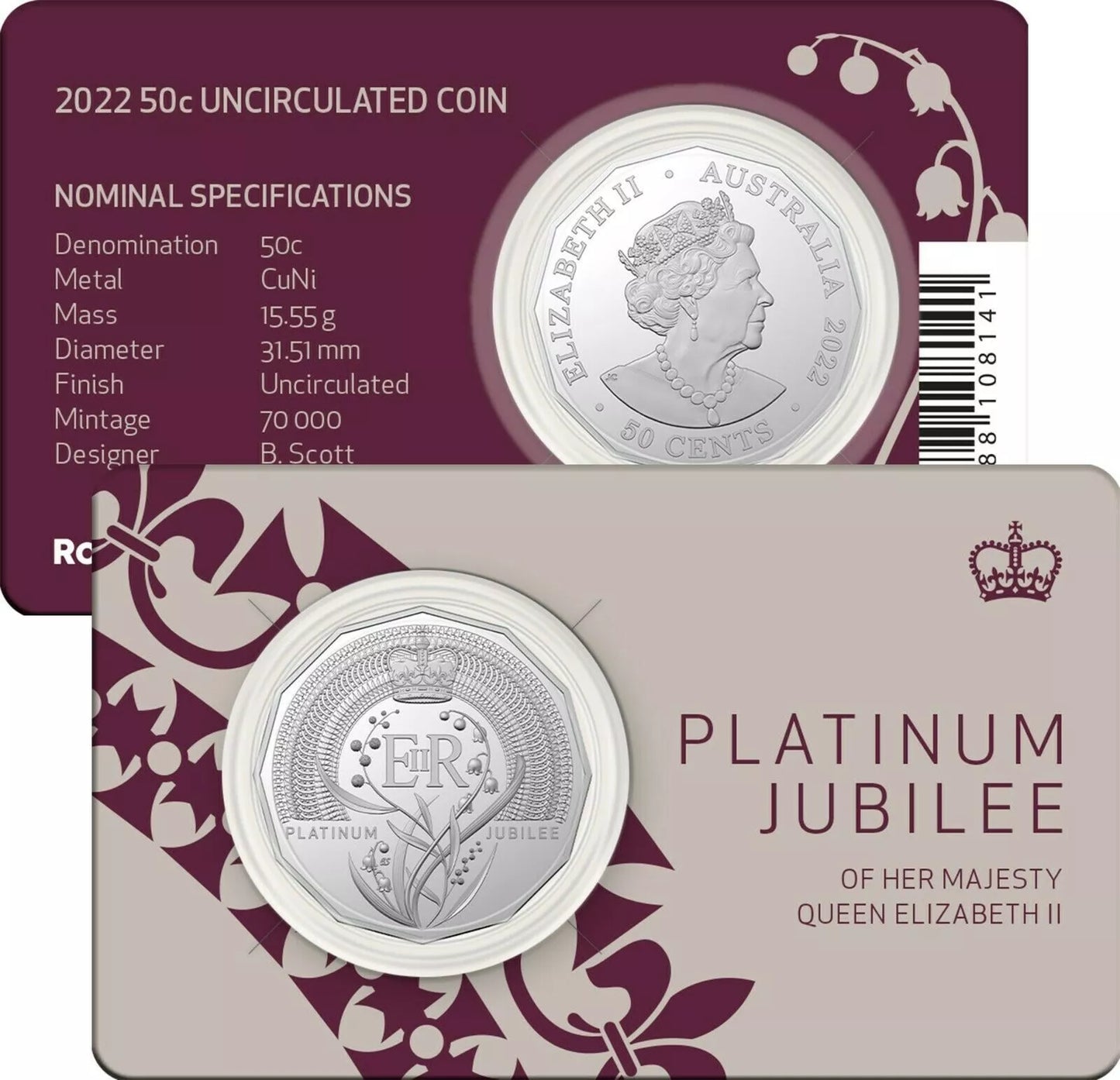 2022 50c Platinum Jubilee - Carded Mintage: 70,000